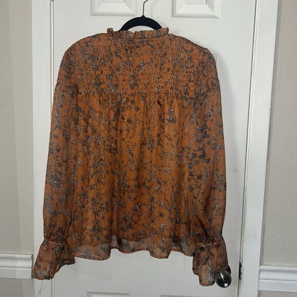Calligraphie Orange Floral Boho Peasant Long Sleeve Smocked Blouse Size XL - Picture 6 of 10